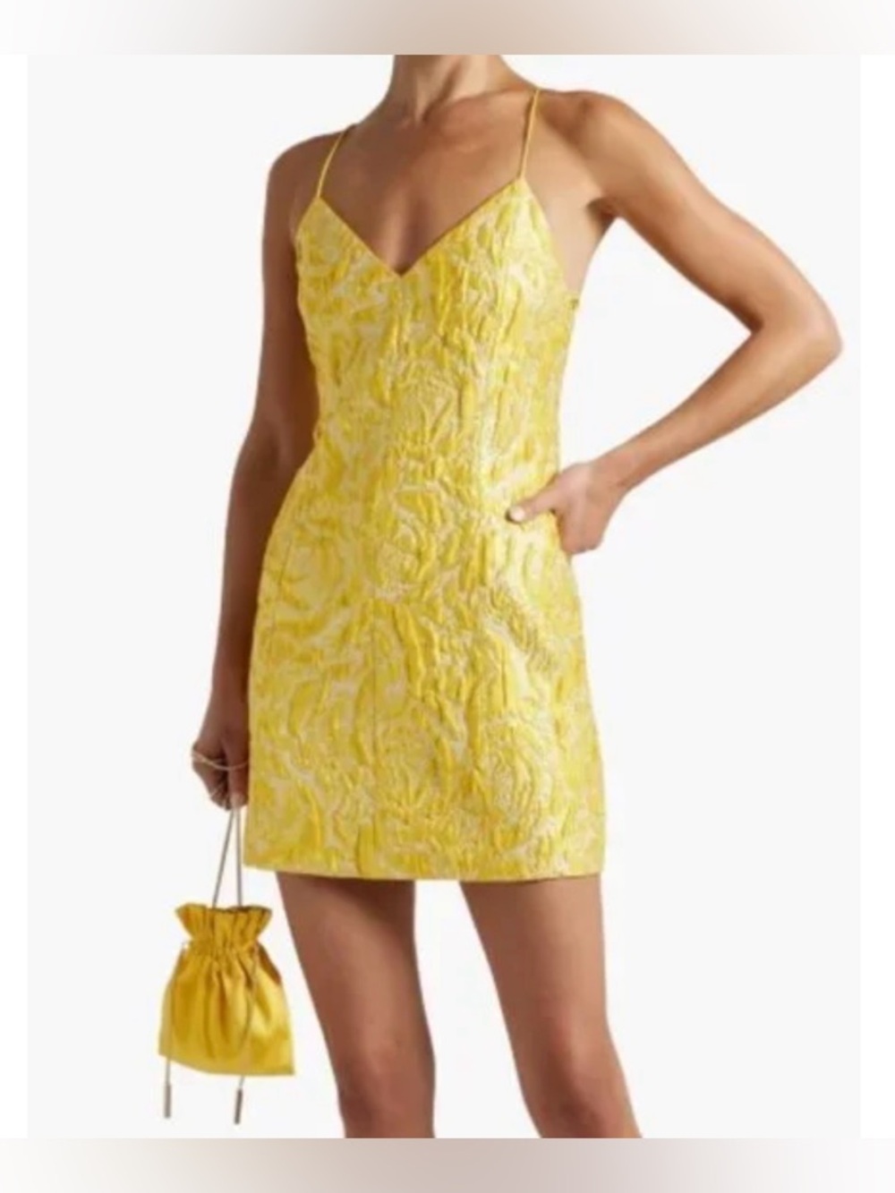 Alice and Olivia Tayla Yellow and Metallic Gold Floral Jacquard A-Line Dress